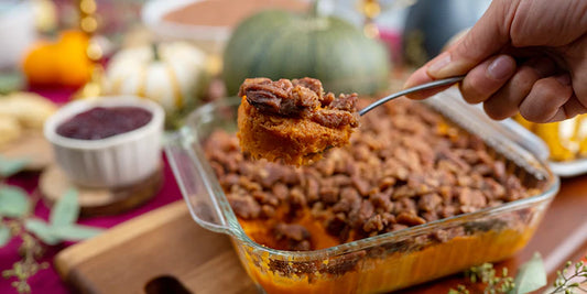SWEET POTATO CASSEROLE WITH CANDIED PECANS
