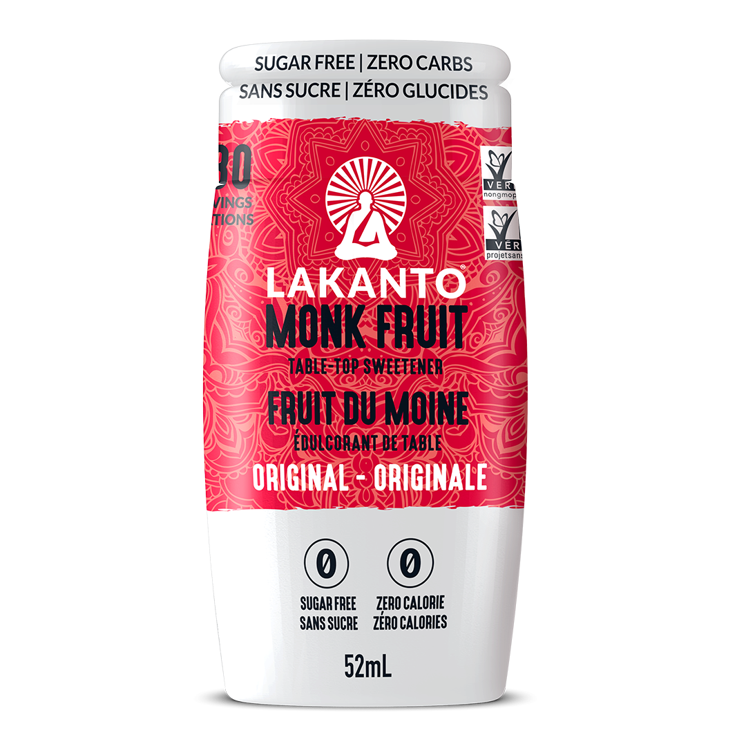 A bottle of Lakanto Monk Fruit Sweetener Extract Drops in Original flavor, with labeling indicating it is sugar free and has zero calories.