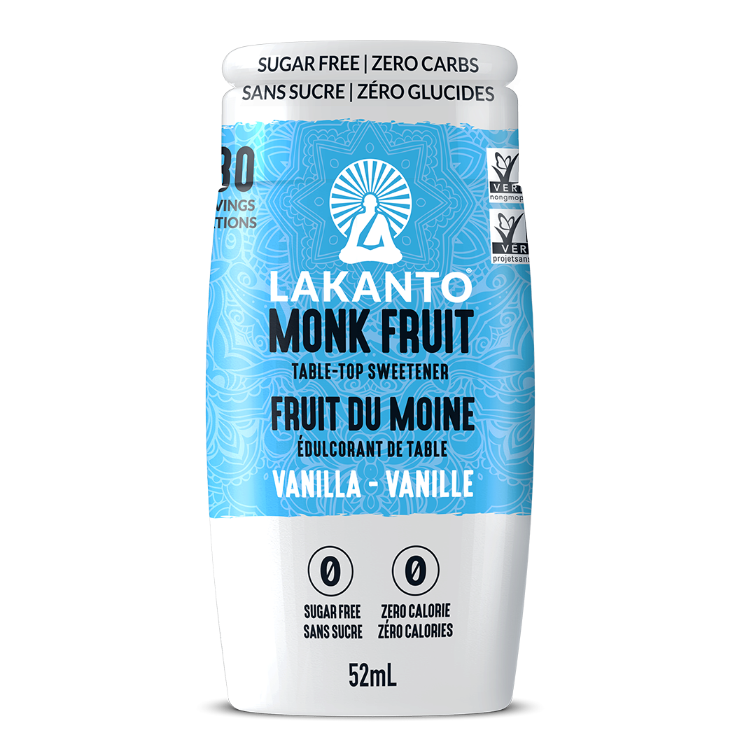 A bottle of Lakanto Monk Fruit sweetener extract drops in vanilla flavor, with labels indicating sugar-free and zero calories.