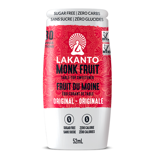 A bottle of Lakanto Monk Fruit Sweetener Extract Drops in Original flavor, with labeling indicating it is sugar free and has zero calories.