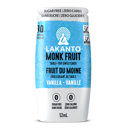 A bottle of Lakanto Monk Fruit sweetener extract drops in vanilla flavor, with labels indicating sugar-free and zero calories.