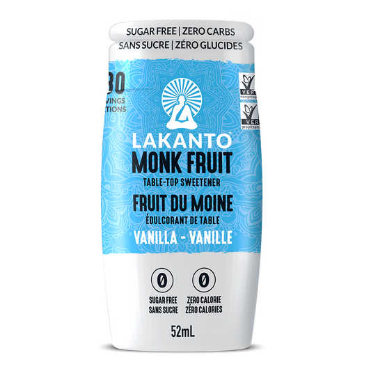 A bottle of Lakanto Monk Fruit sweetener extract drops in vanilla flavor, with labels indicating sugar-free and zero calories.